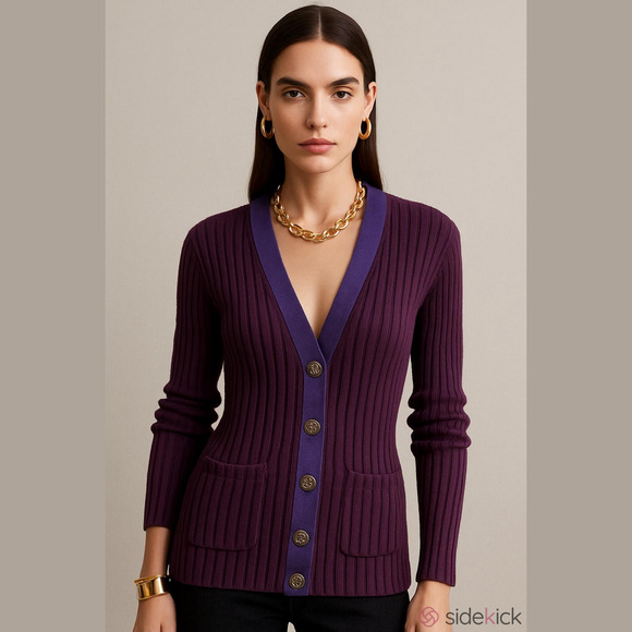 Tory Burch Sweaters - Tory Burch Cardigan Ribbed Burgundy with Purple Trim